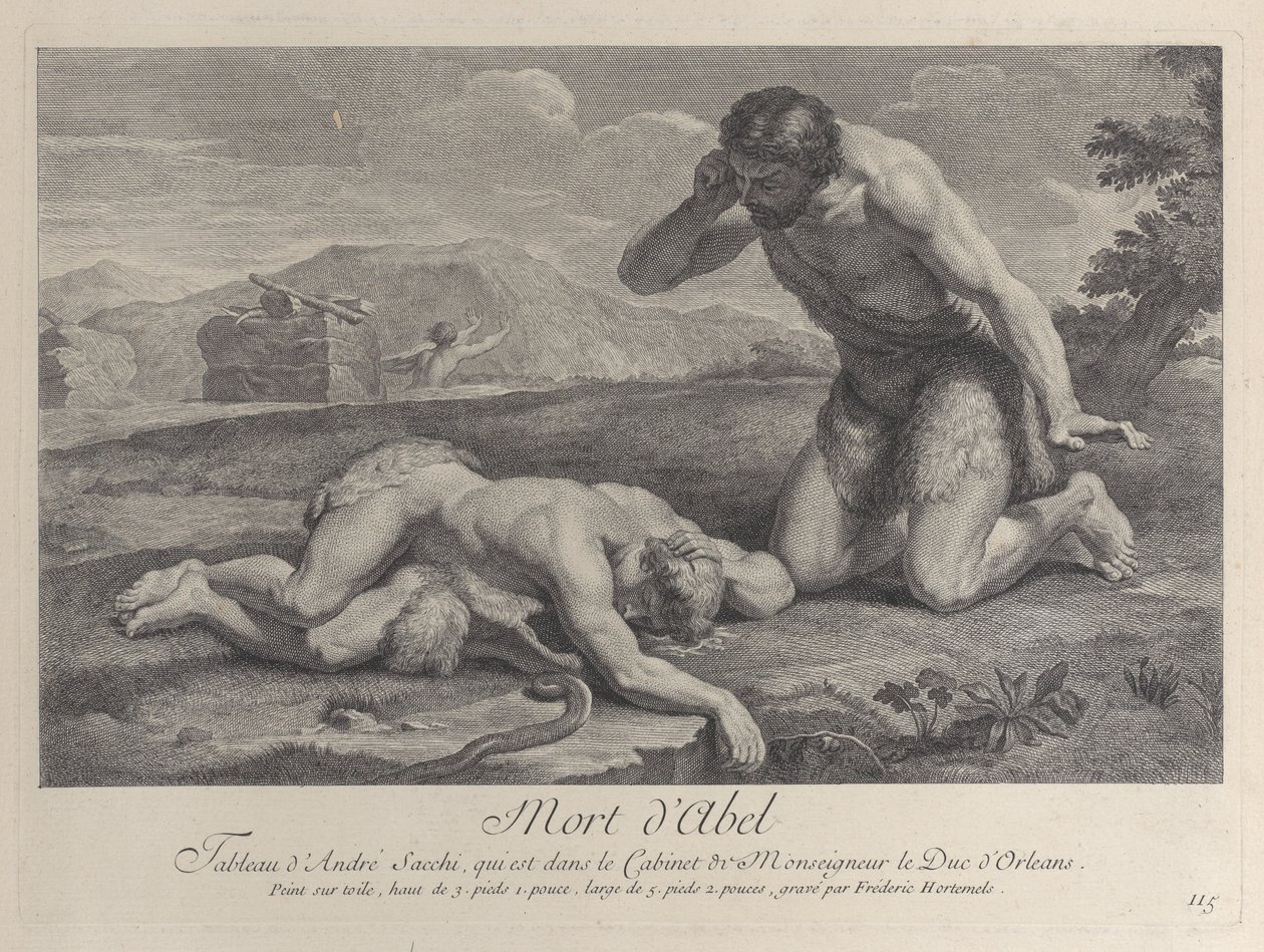 Adam klečí ve zármutku vedle těla Ábela, zatímco Kain prchá v pozadí, ca. ..., ca. 1729. od Frédéric Horthemels