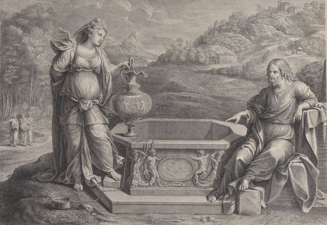 Kristus, sedící vpravo, a žena Samaří, která stojí vlevo, ca. 1729. od Frédéric Horthemels