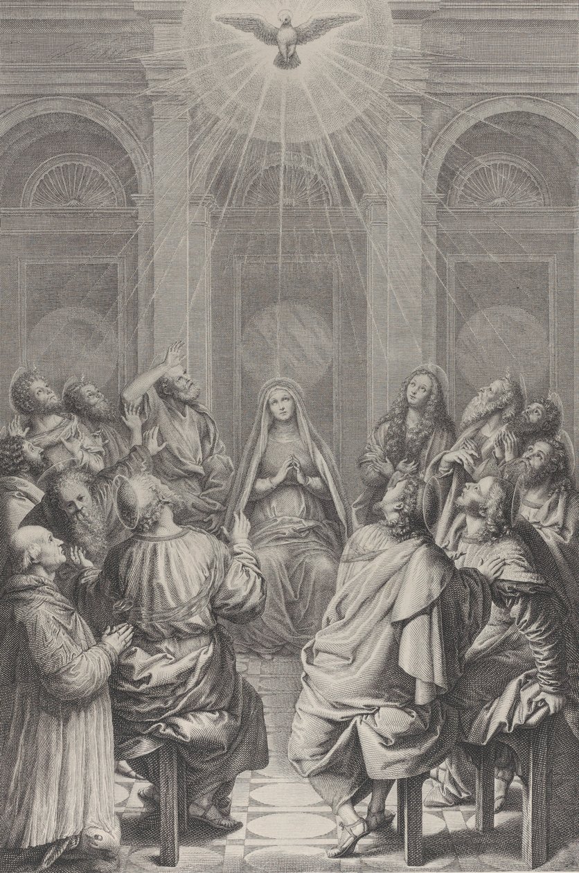 Letnice, s apoštoly a Pannou sedící v kruhu, Duch svatý ap..., 1729-40. od Frédéric Horthemels