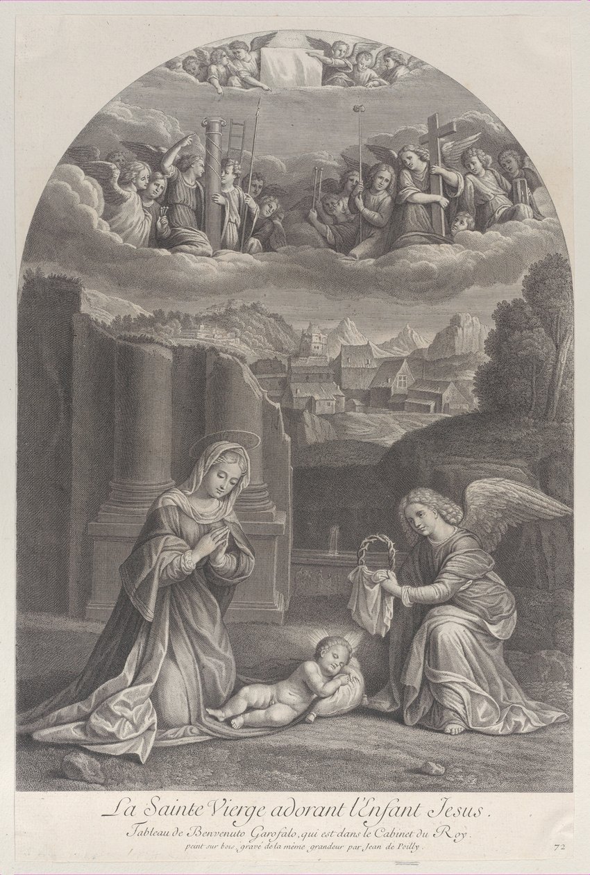 Panna Maria klanící se dítěti Krista, anděl držící vpravo trnovou korunu,..., ca. 1729. od Frédéric Horthemels