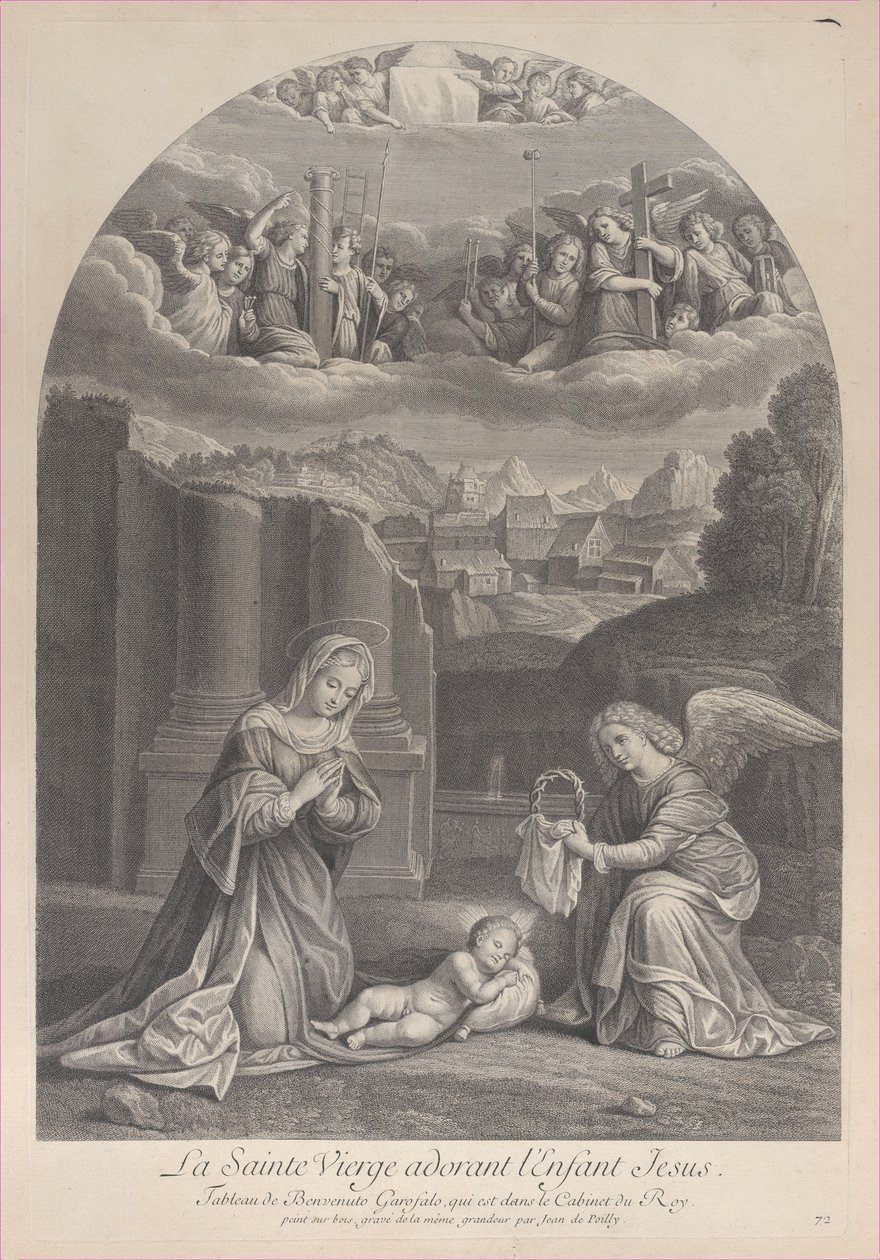 Panna Maria klanící se dítěti Krista, anděl držící vpravo trnovou korunu,..., ca. 1729. od Frédéric Horthemels