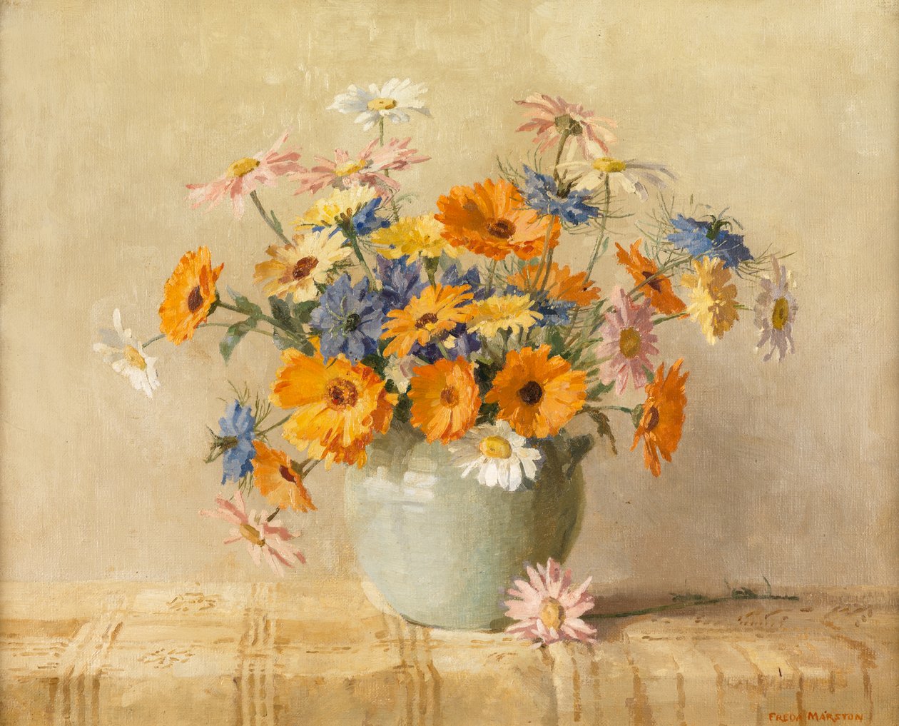 Love-in-a-Mist, Marigold, Oxeye Daisies (olej na plátně) od Freda Marston