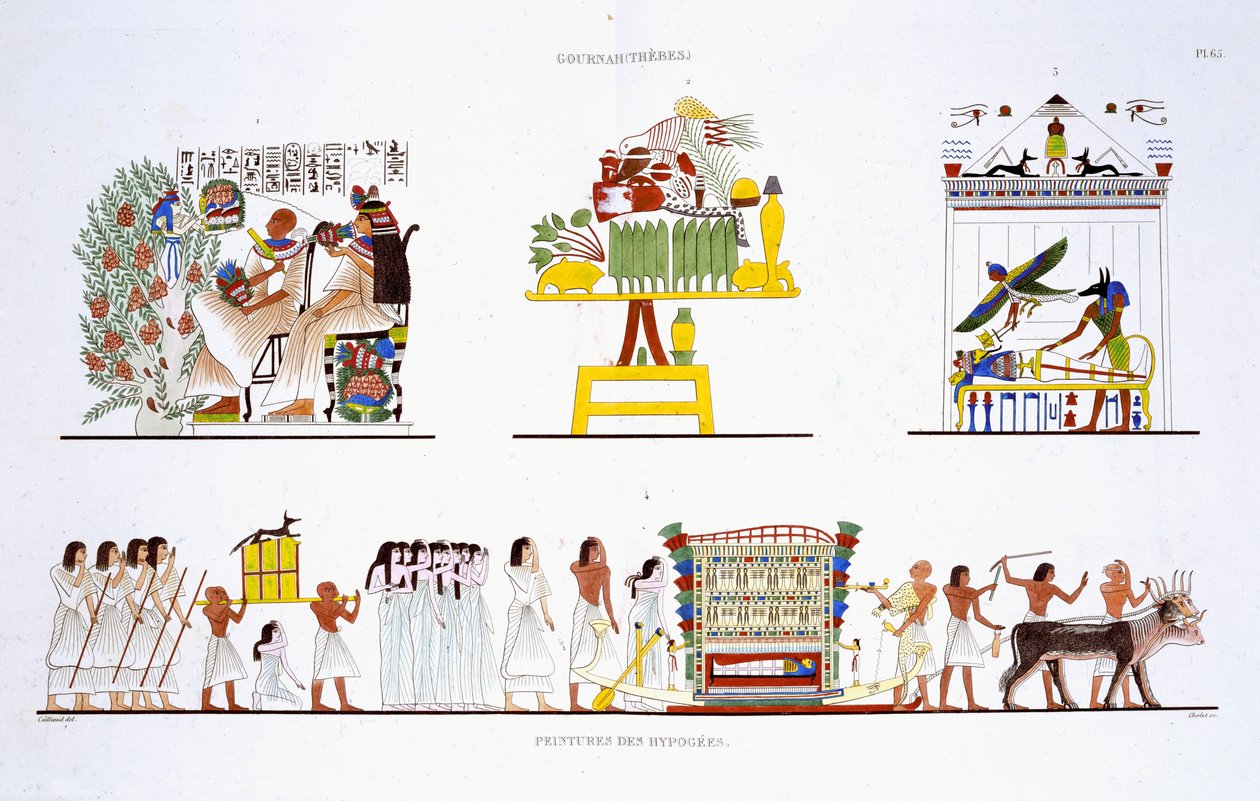 Pohřební obřady, ze vzácného záznamu fresek z Théb, zaznamenané v letech 1819–1822 při jeho druhé návštěvě Egypta Fredericem Cailliaudem (1787–1869), barva litho od Frederic Cailliaud