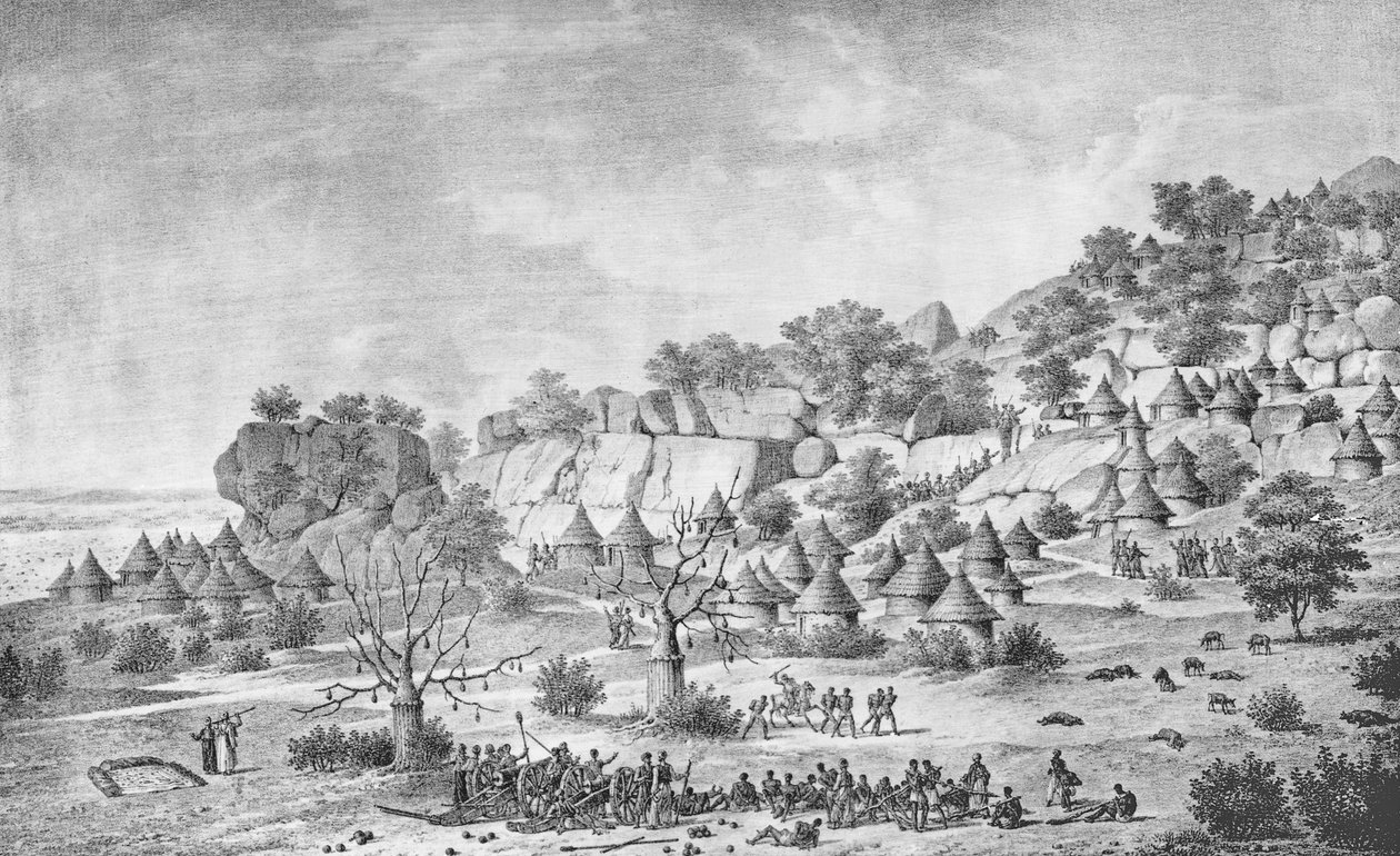 Pohled na vesnici severně od Agady v oblasti Bertat, z „Voyage à Meroe: au rivière Blanc, za Fazoql na jihu království Snnar a Syouah“, vydáno 1827 od Frederic Cailliaud