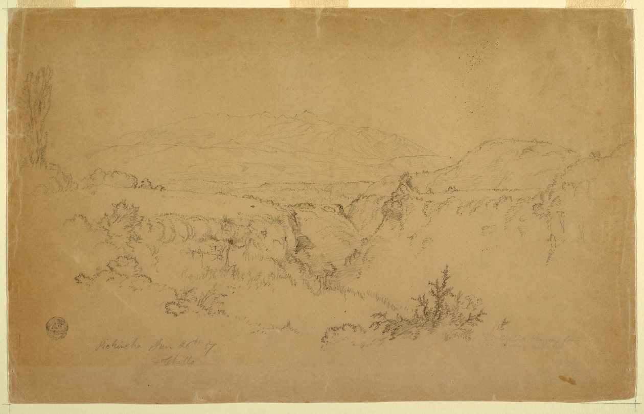 Kresba, Pohled na horu Pichincha z Chillo, Ekvádor, 26. června 1857 od Frederic Edwin Church
