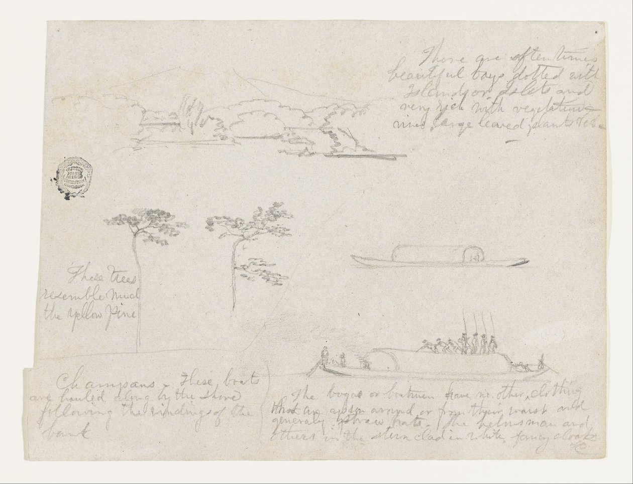Skici z Kolumbie- Stromy a Rivercraft (Champans) od Frederic Edwin Church