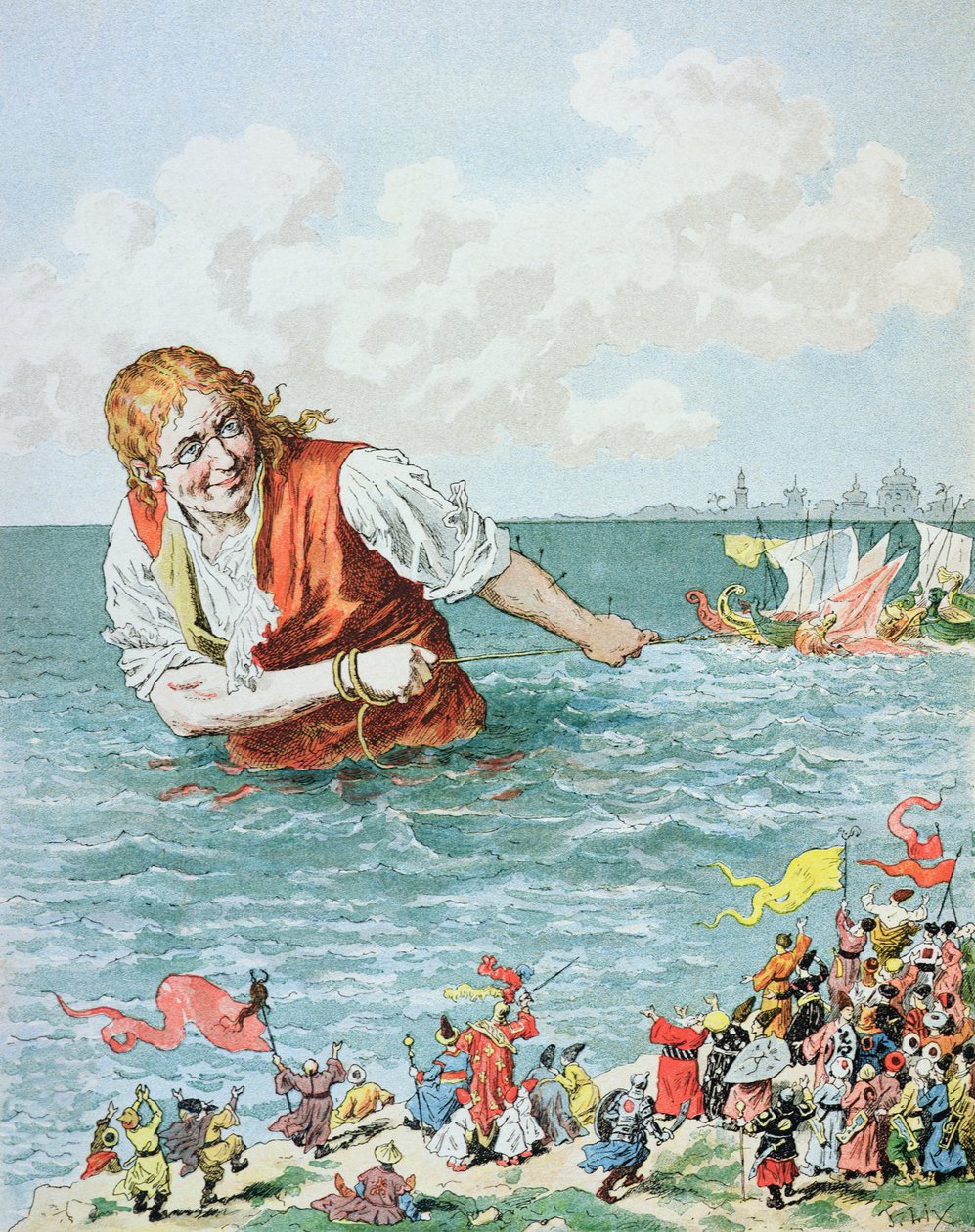 „Poté, když jsem vezl svůj úlovek, brzy jsem dorazil do císařského přístavu...“, ilustrace z „Les Voyages de Gulliver“ od Jonathana Swifta (1667-1745) od Frederic Theodore Lix