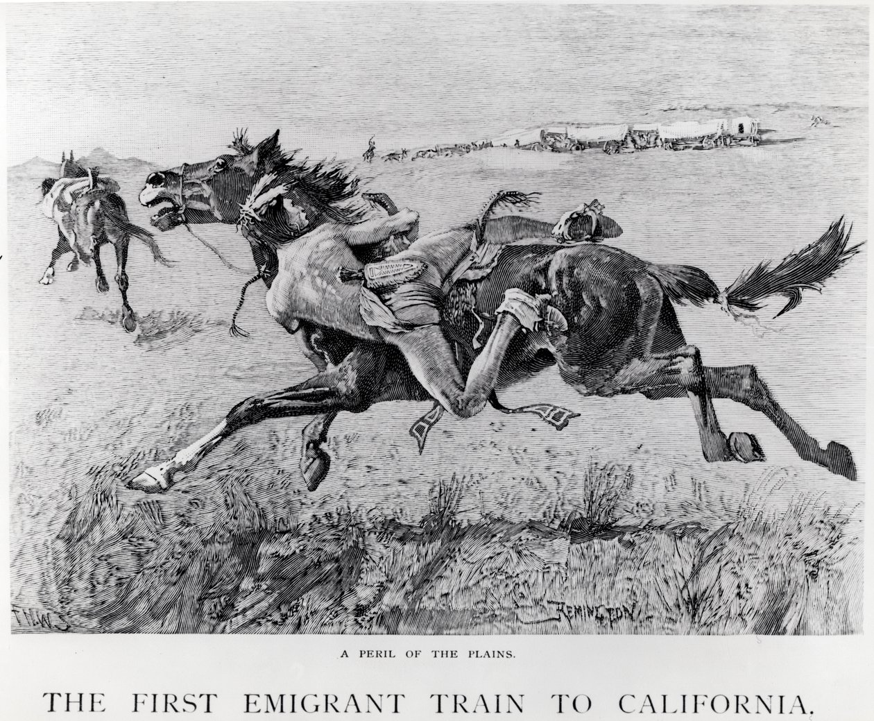 Nebezpečí na pláních, první emigrantský vlak do Kalifornie, rytina F.H.W. od Frederic Remington