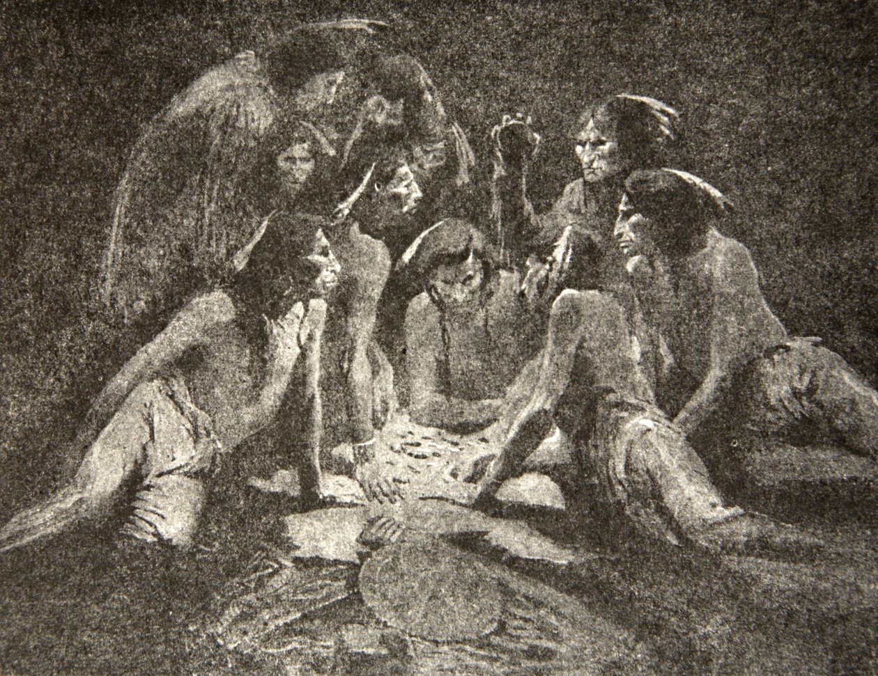 Všichni staříci a mladí muži... Hraje se do půlnoci, hraje se do rána, z The Song of Hiawatha od Henryho Wadswortha Longfellowa (1807-82), hospoda. George G. Harrap und Company Ltd., 1911 od Frederic Remington