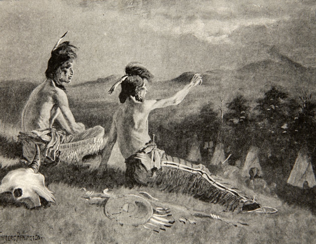 Všechny kmeny uviděly signál, Viděli stoupající vzdálený kouř, z The Song of Hiawatha od Henryho Wadswortha Longfellowa (1807-82), hospoda. George G. Harrap und Company Ltd., 1911 od Frederic Remington