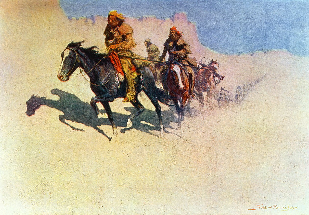 Jedediah Smith se vydal přes poušť od Green River do španělských osad v San Diegu, z filmu The Great Explorers, 1906 od Frederic Remington