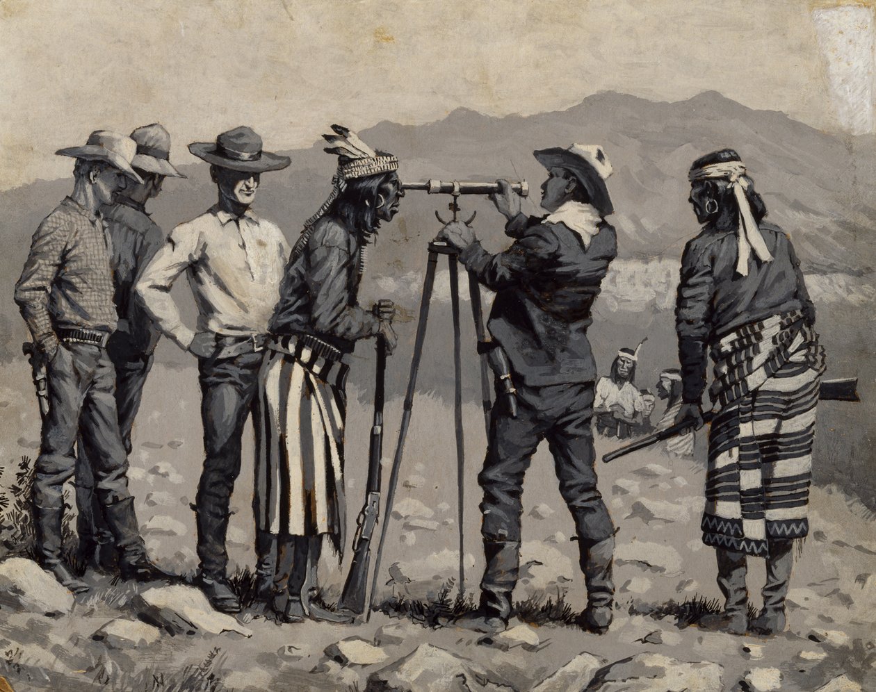 Pohled přes dalekohled, c. 1888 (černobílý olej na palubě) od Frederic Remington