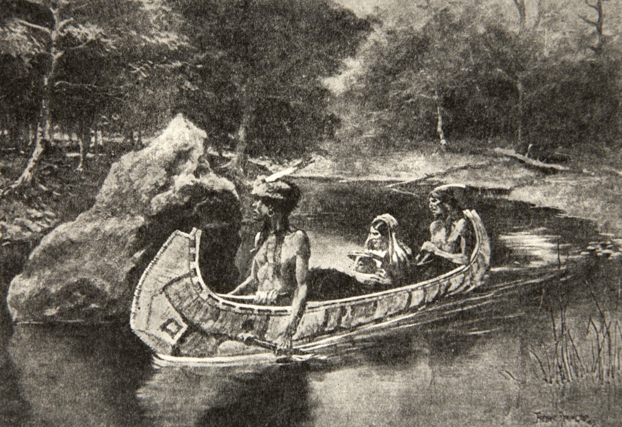 Postavil to přímo do řeky... Tam, kde je stále vidět v létě, z The Song of Hiawatha od Henryho Wadswortha Longfellowa (1807-82), hospoda. George G. Harrap und Company Ltd., 1911 od Frederic Remington