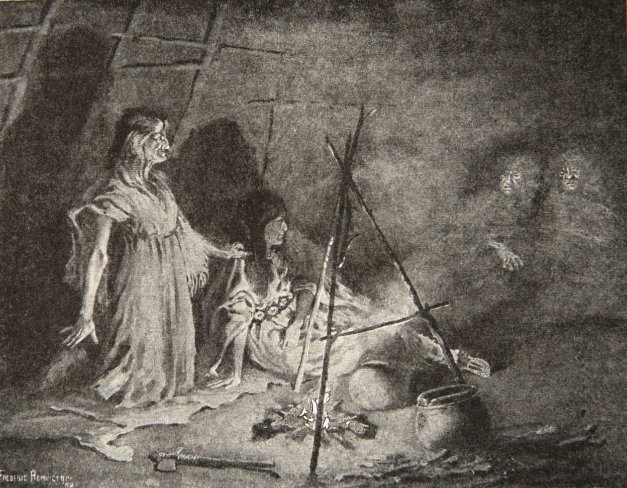 Posaďte se v nejvzdálenějším rohu, skrčený nízko mezi stíny, z The Song of Hiawatha od Henryho Wadswortha Longfellowa (1807-82), hospoda. George G. Harrap und Company Ltd., 1911 od Frederic Remington