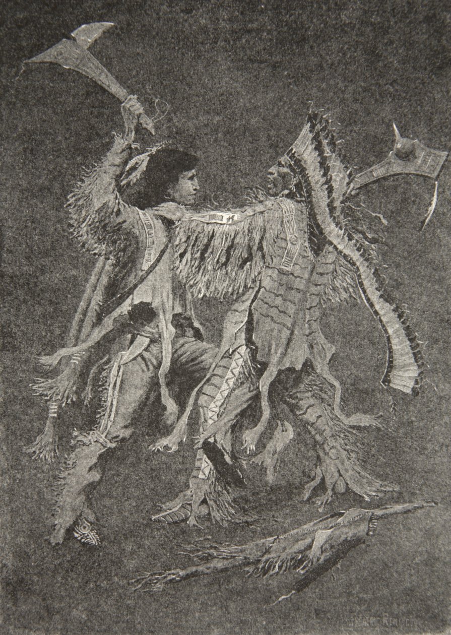 Pak začala největší bitva, na kterou se slunce kdy dívalo, z The Song of Hiawatha od Henryho Wadswortha Longfellowa (1807-82), hospoda. George G. Harrap und Company Ltd., 1911 od Frederic Remington