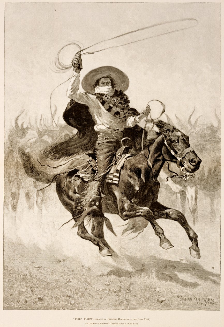 Toro, Toro!, starý kalifornský vaquero po divokém steeru (dřevorytina na novinovém papíru) od Frederic Remington