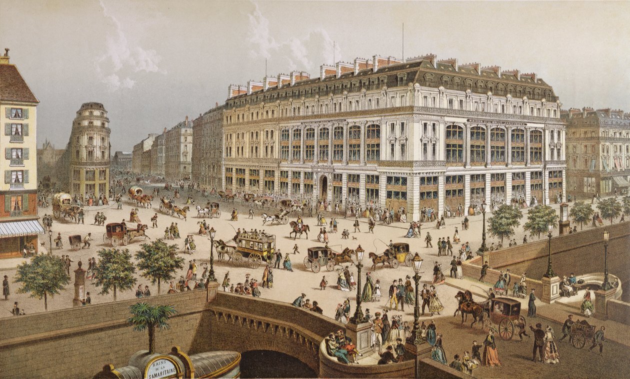 Pohled na obchodní dům "La Belle Jardiniere" a Pont Neuf, asi 1870-80 od Frederic Sorrieu