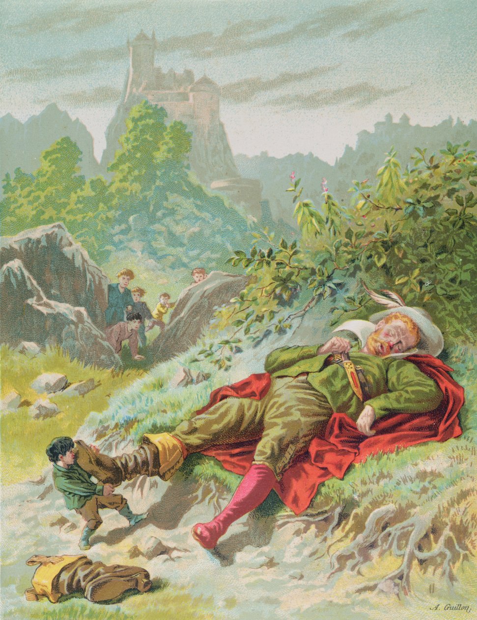 Tom Thumb sundává zlobrovy boty, ilustrace pro 