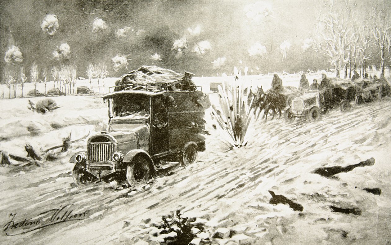 Britský dopravní vlak razí cestu pod silnou střelbou po zasněžených silnicích Ypres od Frederic Villiers