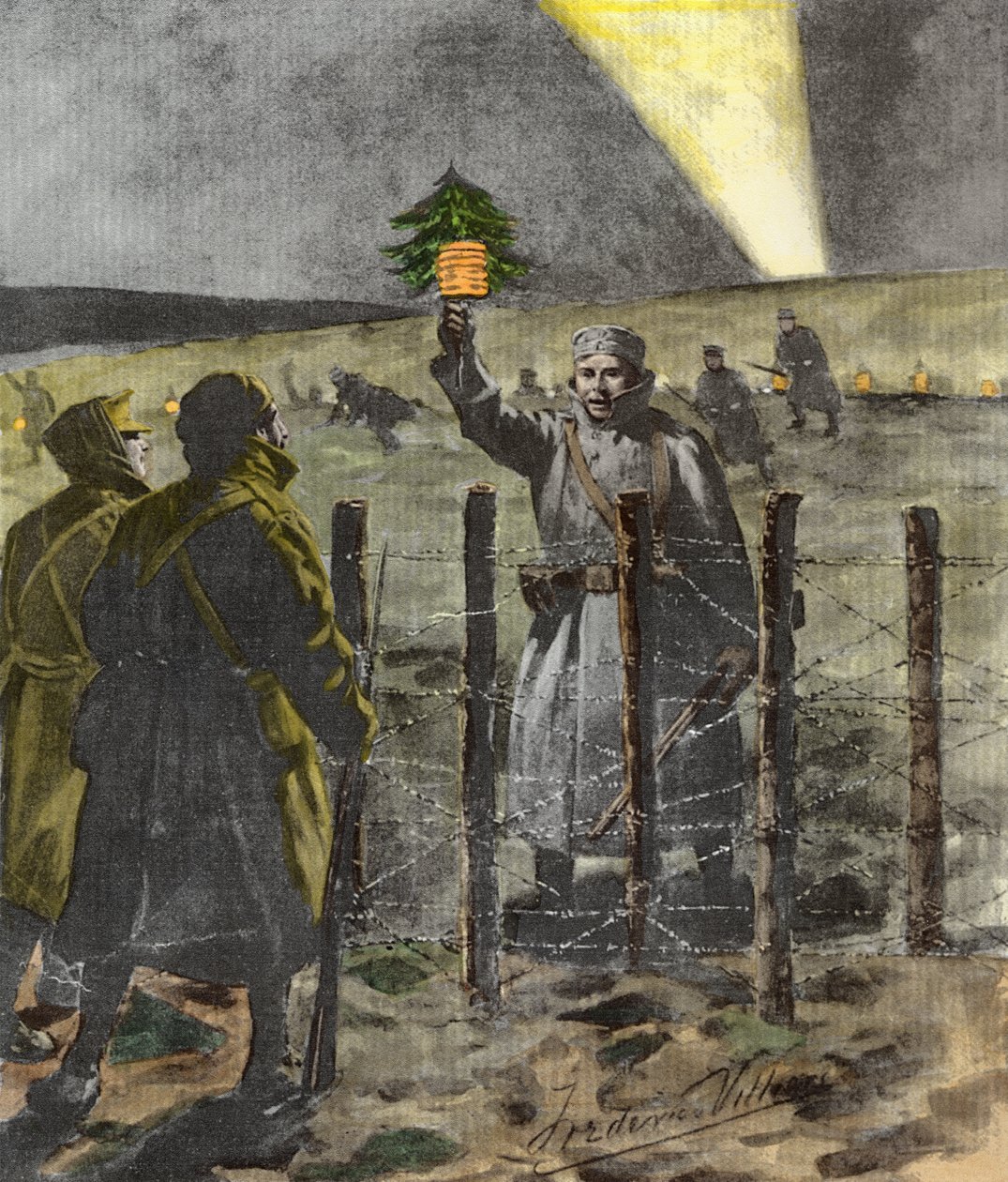 Vánoční příměří 1914, vydáno 1915 (pozdější kolorování) od Frederic Villiers