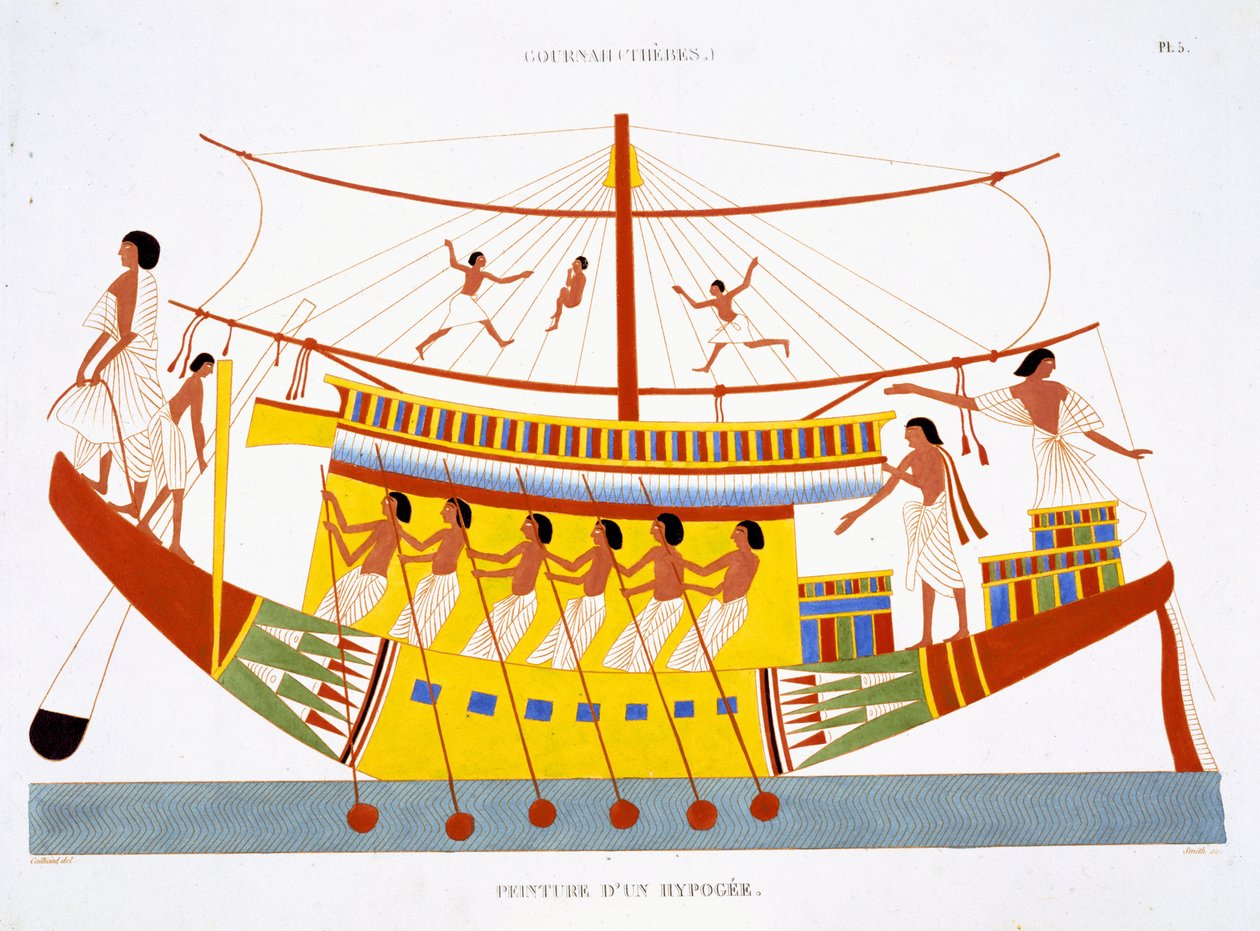 Říční člun na Nilu, ze vzácného záznamu fresek z Théb, zaznamenaný v letech 1819–1822 při jeho druhé návštěvě Egypta Fredericem Cailliaudem (1787–1869), barva lito od Frederic (after) Cailliaud