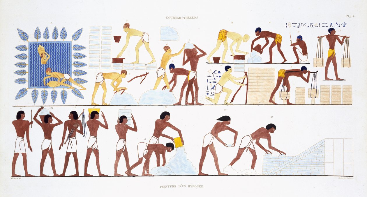 Výroba cihel, ze vzácného záznamu fresek z Théb, zaznamenaná v letech 1819–1822 při jeho druhé návštěvě Egypta Fredericem Cailliaudem (1787–1869), barevná lito od Frederic (after) Cailliaud