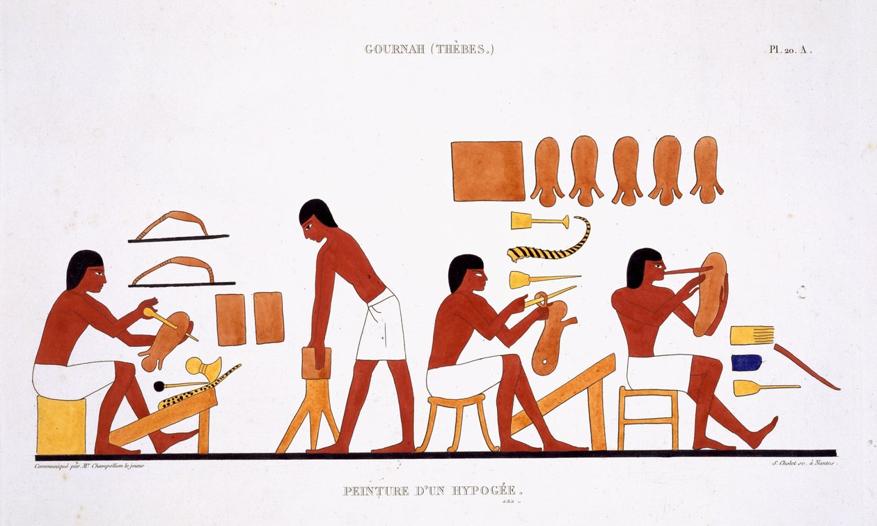 Leatherworkers ze vzácného záznamu fresek z Théb, zaznamenané 1819-1822 při jeho druhé návštěvě Egypta Fredericem Cailliaudem (1787-1869), barevná lito od Frederic (after) Cailliaud