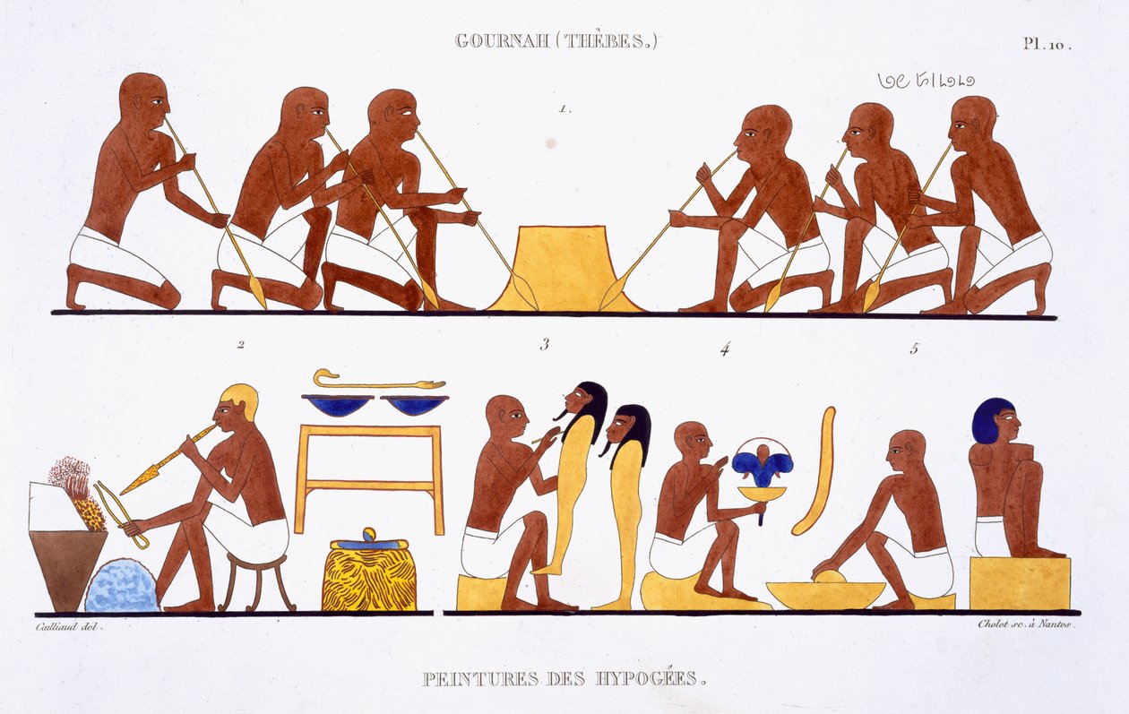 Metalworking, ze vzácného záznamu fresek z Théb, zaznamenaný v letech 1819-1822 při jeho druhé návštěvě Egypta Fredericem Cailliaudem (1787-1869), barva lito od Frederic (after) Cailliaud