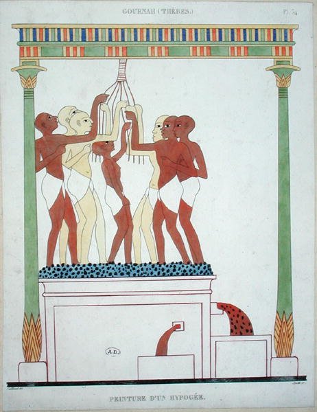 Lisování hroznů, kopie nástěnné malby z Théb, ryté Smithem (barva lito) od Frederic (after) Cailliaud