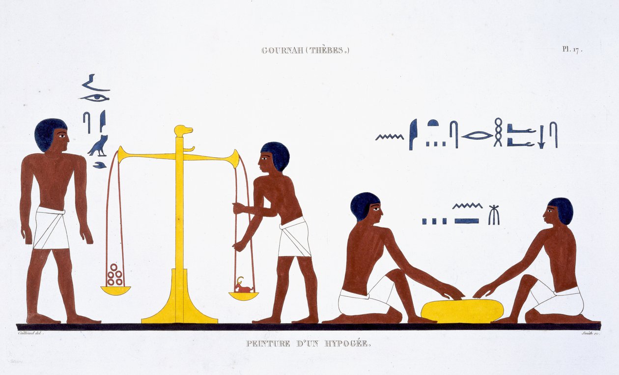 Rituály smrti (předmět nejasný), ze vzácného záznamu fresek z Théb, zaznamenaný v letech 1819–1822 při jeho druhé návštěvě Egypta Fredericem Cailliaudem (1787–1869) (barevné lito) od Frederic (after) Cailliaud