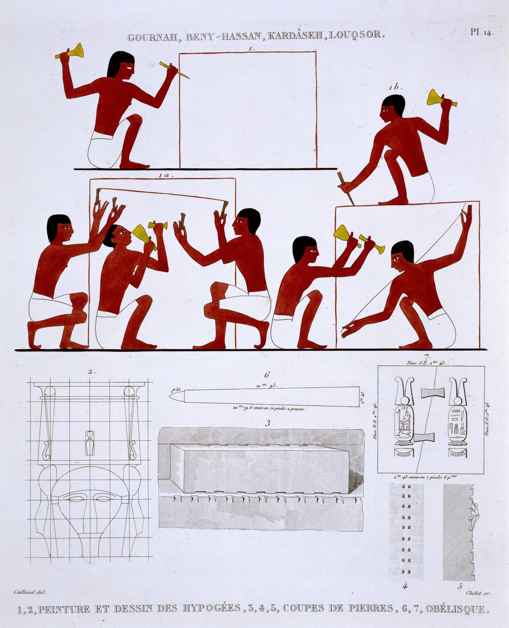 Stonemasons at Work, ze vzácného záznamu fresek z Théb, zaznamenaných 1819-1822 při jeho druhé návštěvě Egypta Fredericem Cailliaudem (1787-1869), barevná lito od Frederic (after) Cailliaud