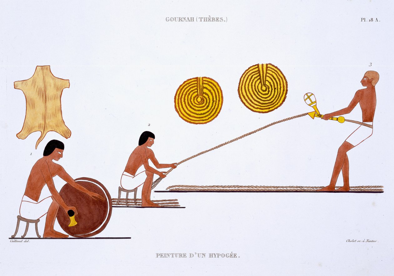 Tanner and Ropemaker, ze vzácného záznamu fresek z Théb, zaznamenané 1819-1822 při jeho druhé návštěvě Egypta Fredericem Cailliaudem (1787-1869), barevná lito od Frederic (after) Cailliaud