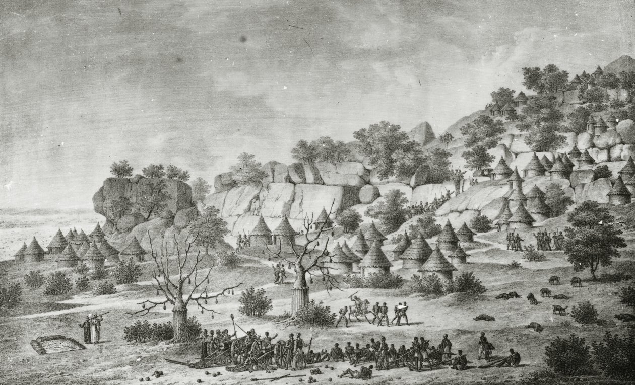 Pohled na vesnici severně od Agady v zemi Bertatů z jižní perspektivy, z knihy "Voyage a Meroe : au fleuve Blanc, au-dela de Fazoqldans le midi du royaume de Snnar a Syouah", tisk G. Engelmanna, vydáno 1827 (litografie). od Frederic (after) Cailliaud