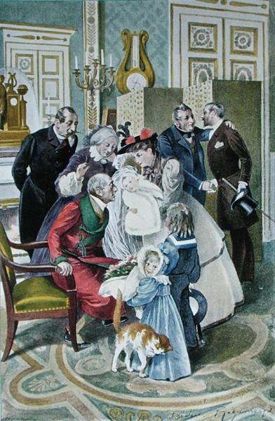 Návštěva u prarodičů podle originálního akvarelu, konec 19. století (barevné lito) od Frederic (after) Regamey