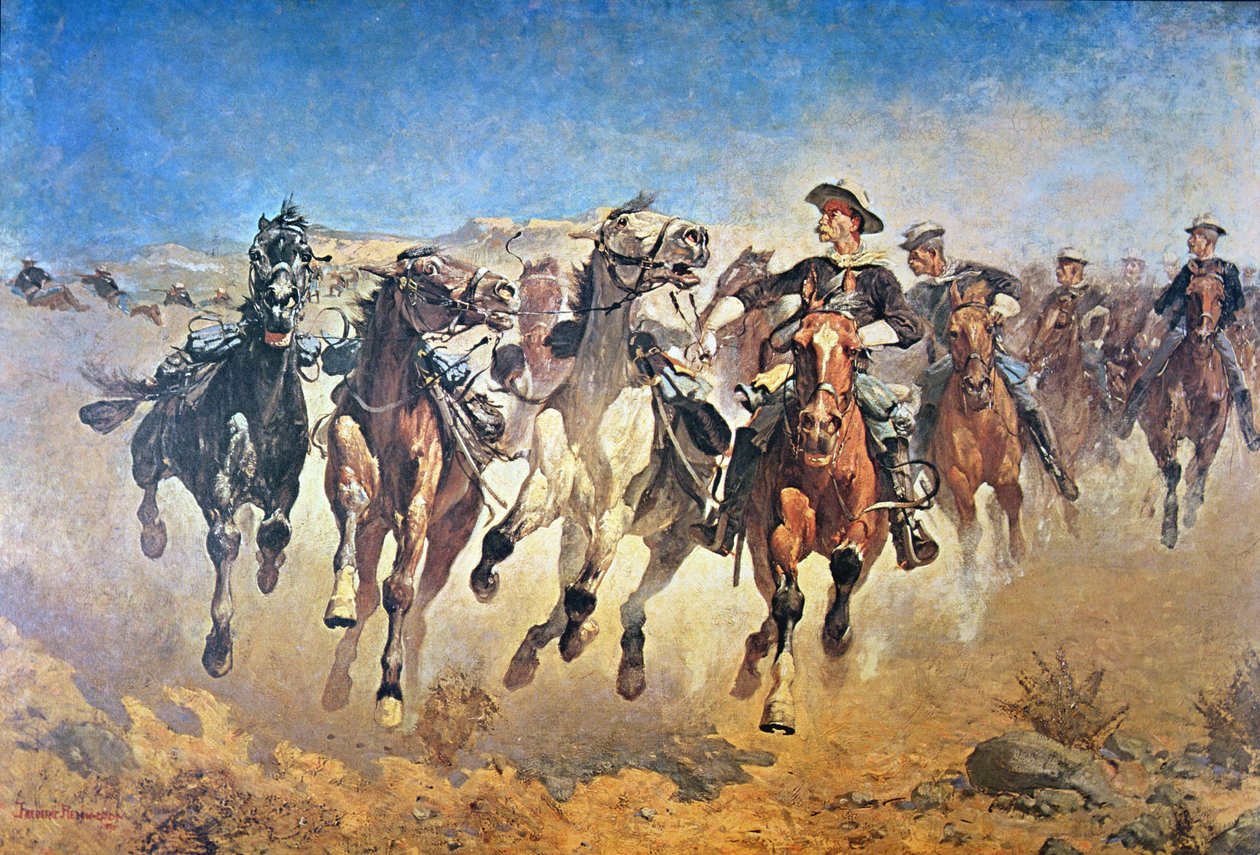 Sesedl: 4th Troopers Moving, původně malovaný 1890 (barva lito) od Frederic (after) Remington
