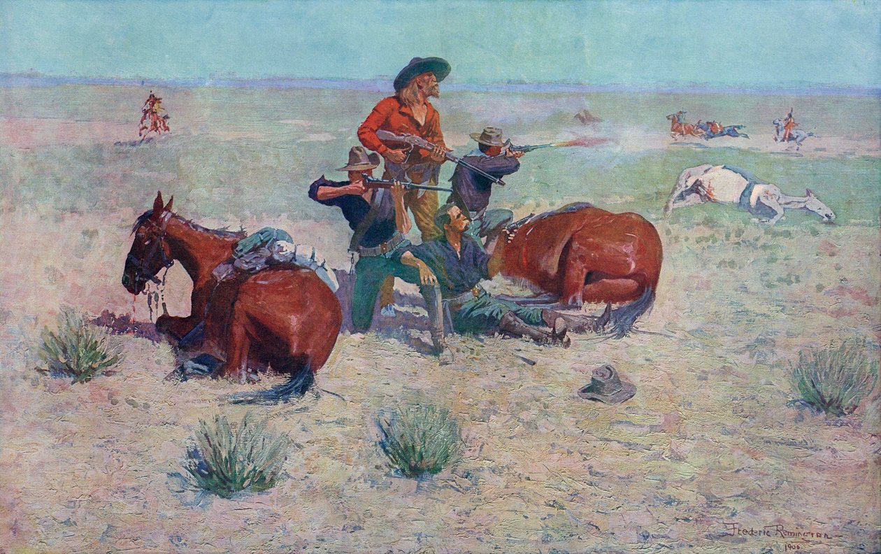 Indiáni útočící na kovboje. Frederic Remington. od Frederic (after) Remington