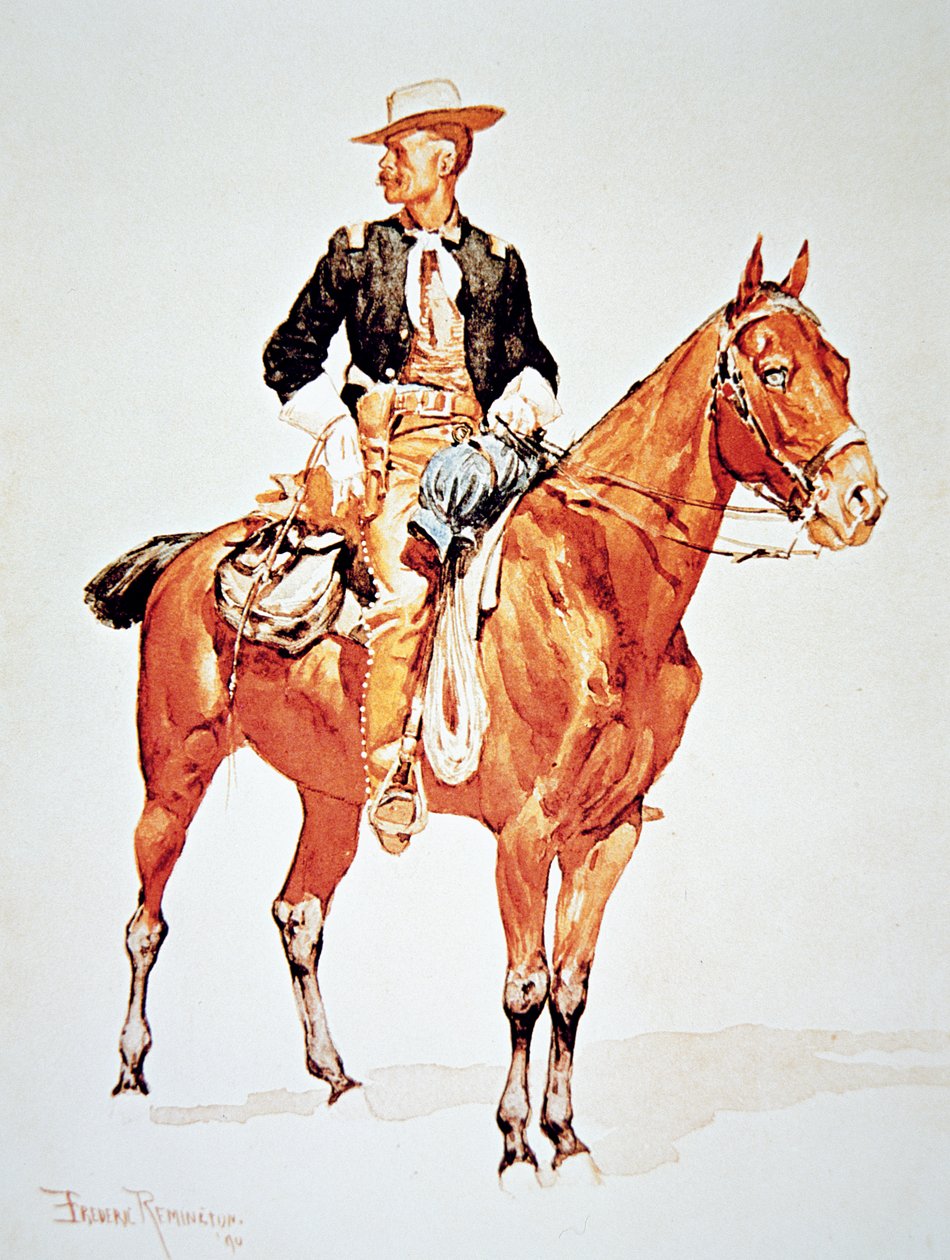 Poručík S.C. Robertson, náčelník Crow Scouts, z akvarelu z roku 1890 (barevné lito) od Frederic (after) Remington