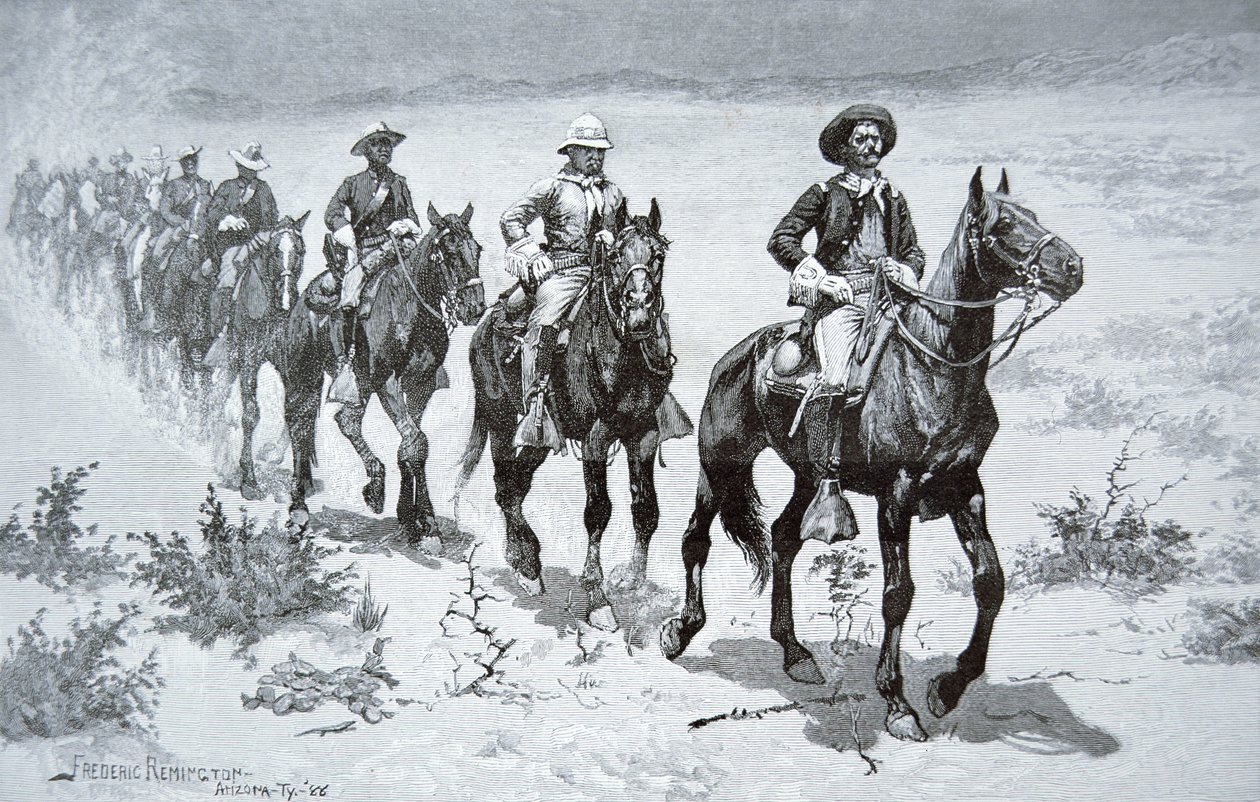 Američtí „Buffalo Soldiers“ pochodující v poušti, z kresby z roku 1888 (rytina) od Frederic (after) Remington