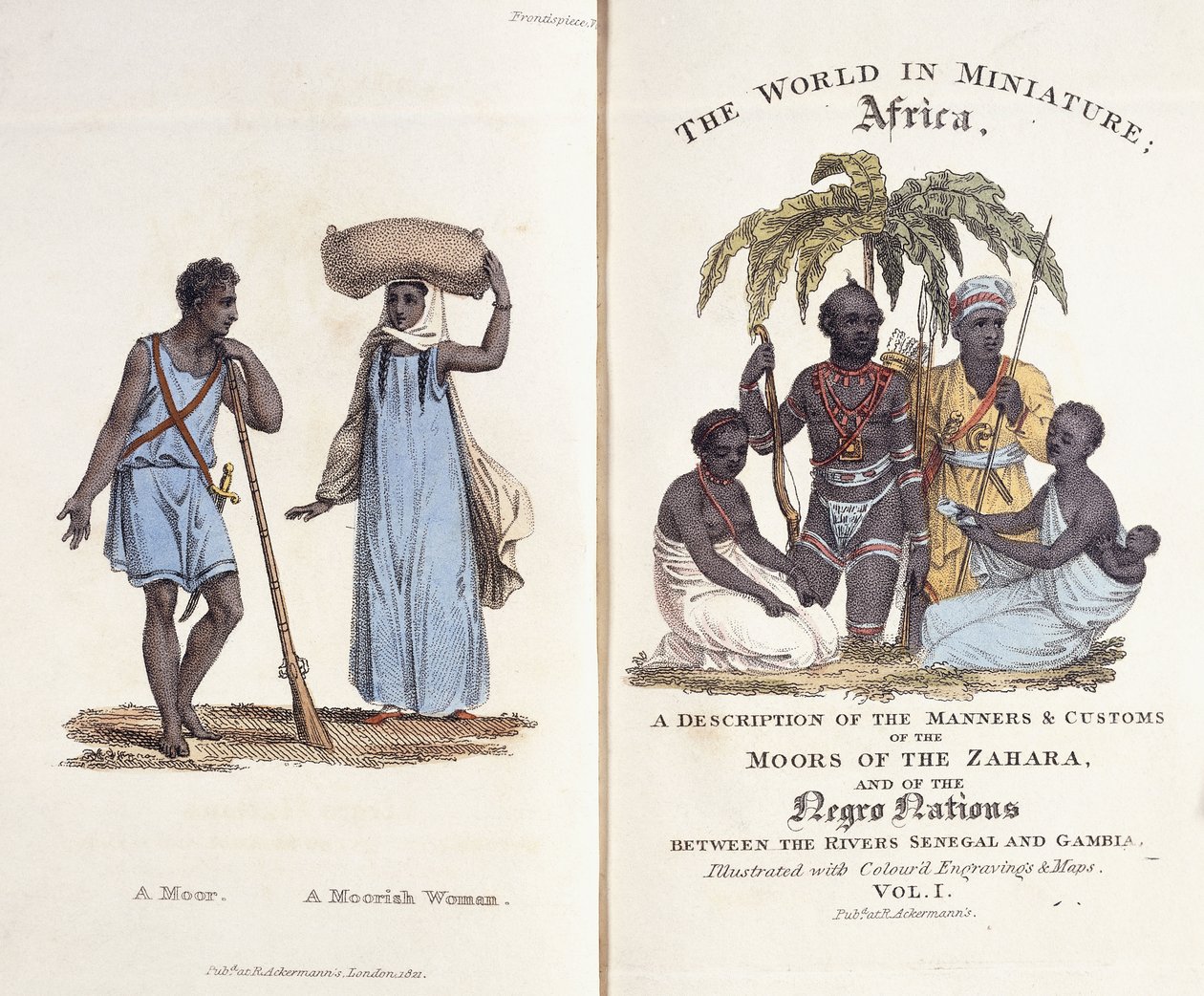 Ilustrovaný frontispis a titulní strana prvního dílu „Svět v miniaturách: Afrika“ od Frederic (after) Shoberl