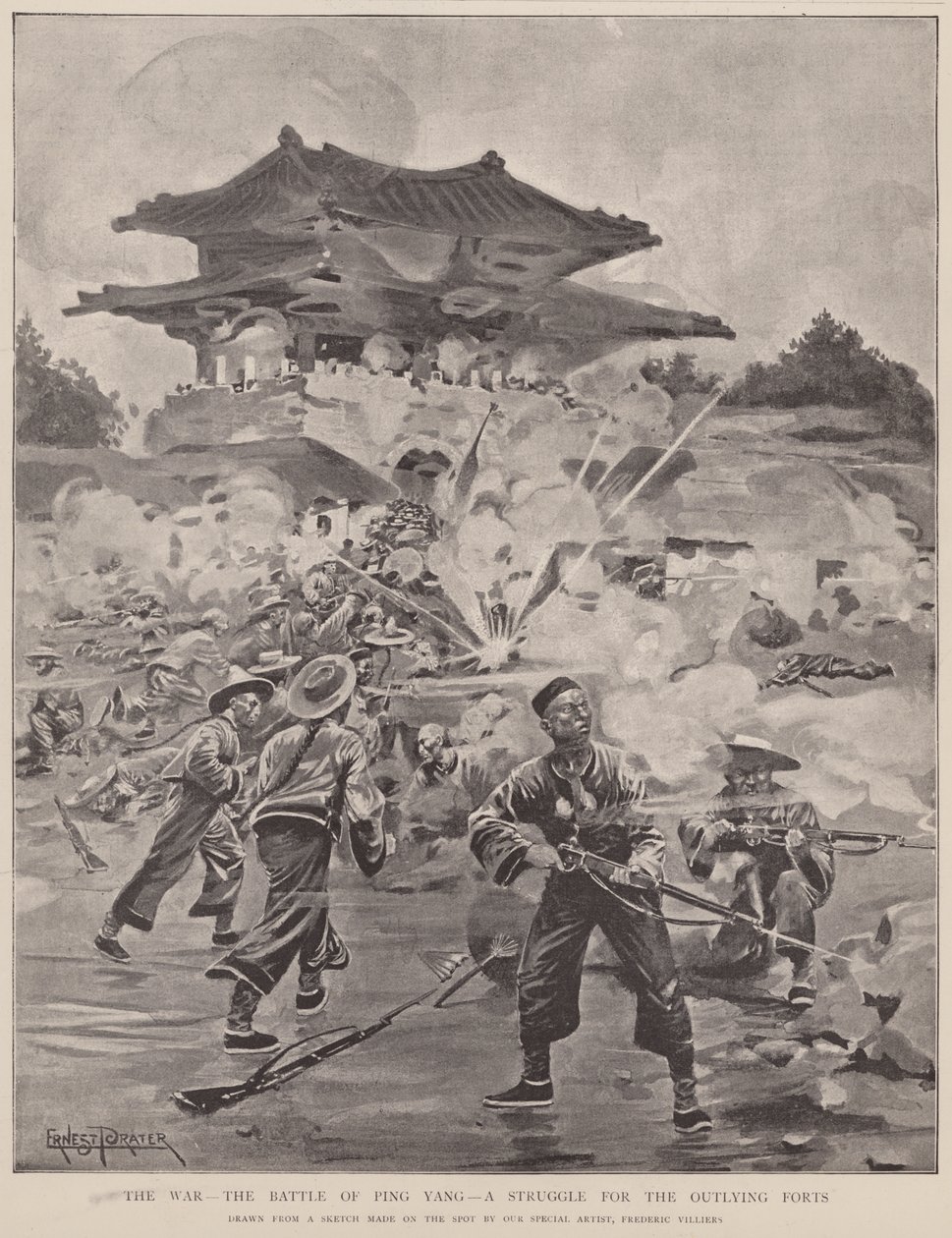 Válka, bitva u Ping-jangu, boj o odlehlé pevnosti (litografie) od Frederic (after) Villiers