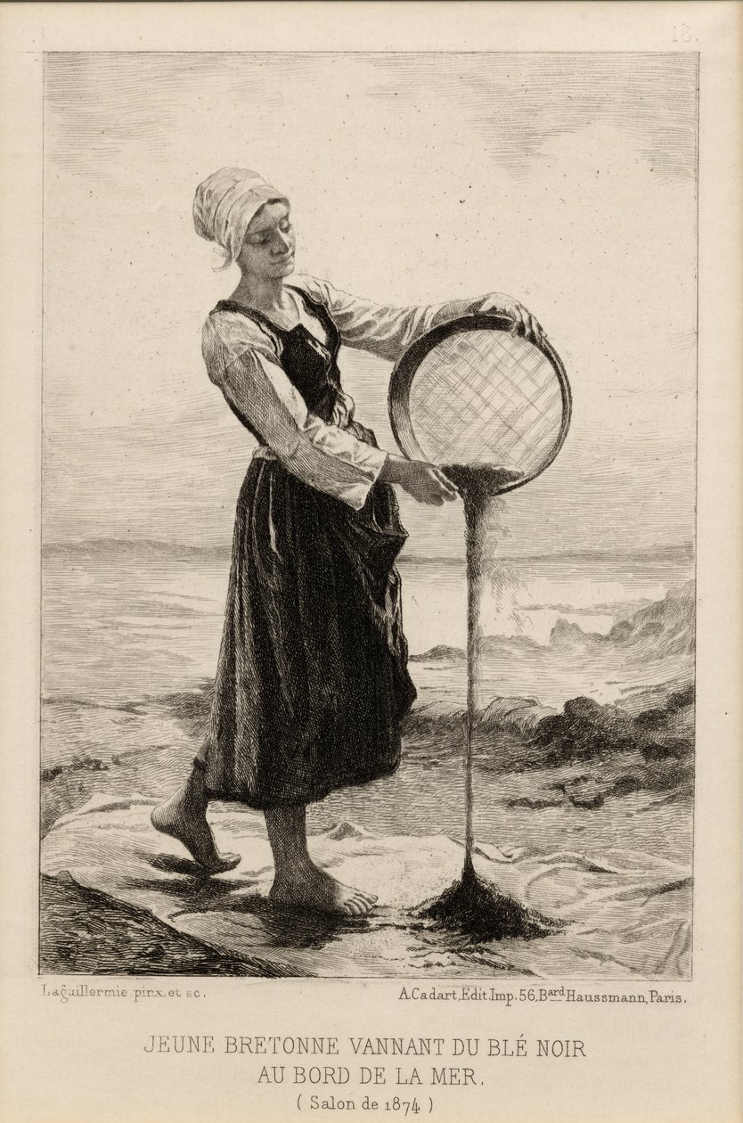 A Young Bretonne Winnowing Buckwheat at the Seaside, vyrytý Cadartem v roce 1874 (tisk) od Frederic Auguste Laguillermie