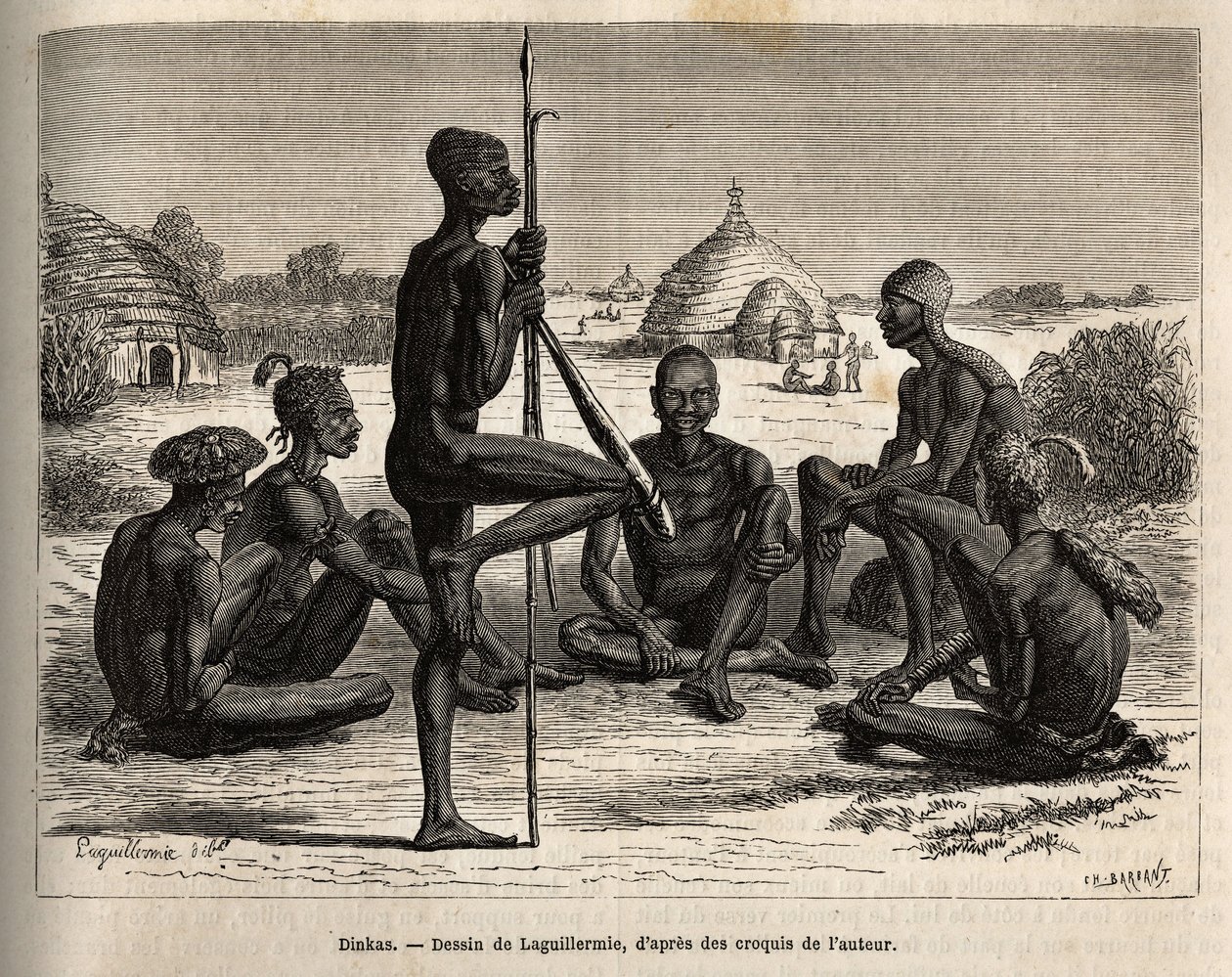 Dinkas z vesnice Koudj (Senegal), jehož tělo je pokryto popelem, aby je chránil před hmyzem a parazity, je také kosmetickým a společenským prvkem, vyrytým podle Laguillermieho kresby, znázorňující cestu do srdce Afriky v letech 1868-1871 od Frederic Auguste Laguillermie