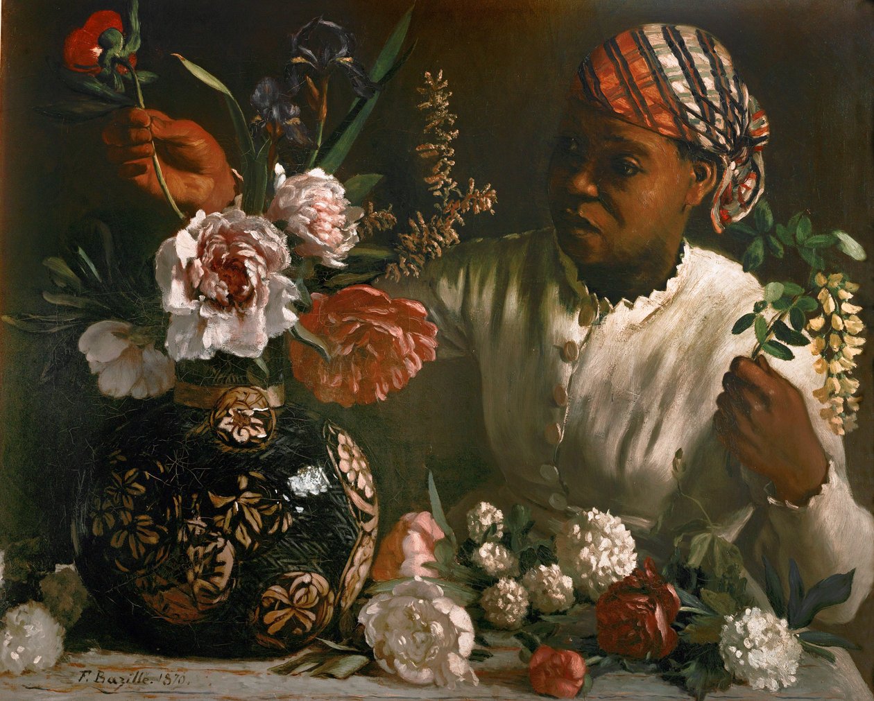 Černoška s pivoňkami ... (olej na plátně) od Frédéric Bazille