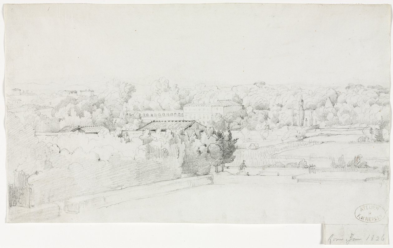 Pohled na Villa Borghese a její Orangerie z Villa Medici, 1826. od Frederic Bourgeois de Mercey