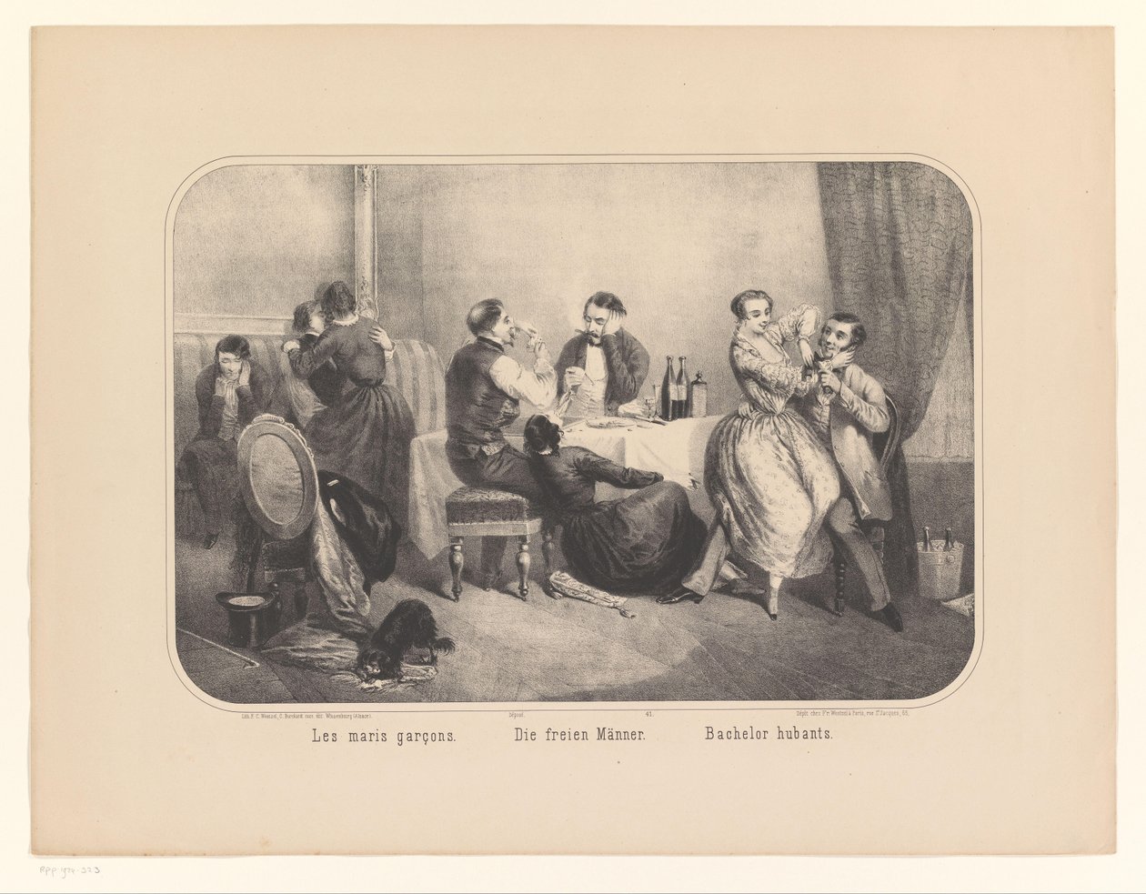 Skupina mužů a žen v interiéru Les maris garçons / Die freien Männer / Bachelor hubants (název na objektu) od Frederic Charles Wentzel (possibly)