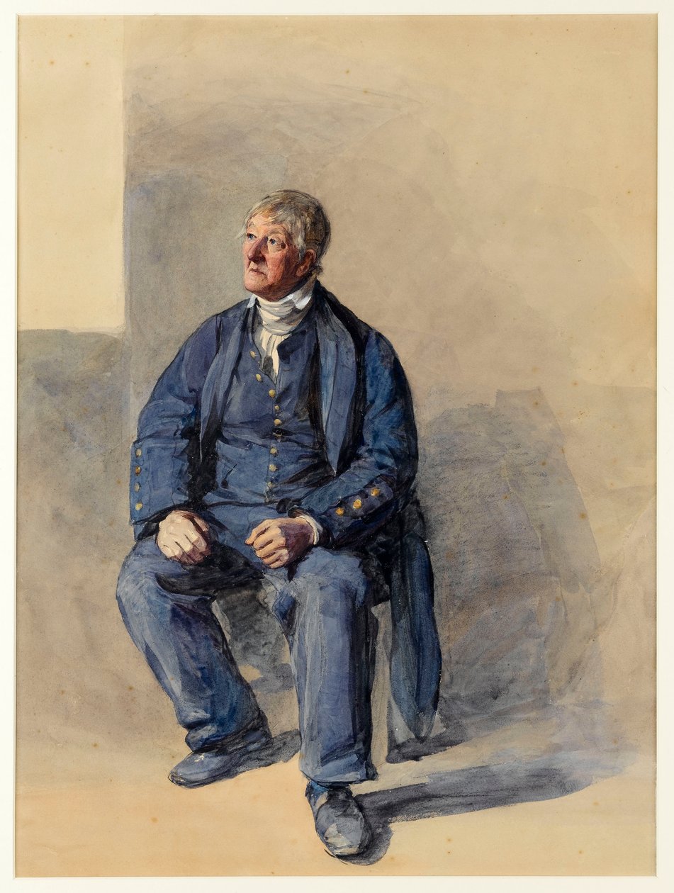 Portrét sedmdesátiletého Johna Lovella. Barka na Temži jako Greenwichský důchodce (akvarel, zvýrazněno bílou barvou) od Frederic Cruikshank