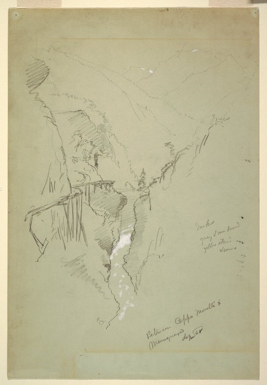 Kresba, Rokle mezi Ceppo Morelli  Macugnaga, 11.-12. září 1868 od Frederic Edwin Church