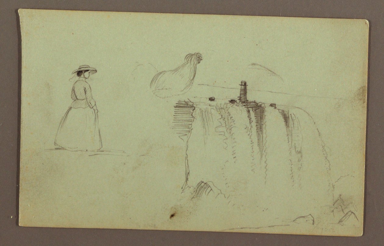 Kresba, Kráčející dívka, krčící se kuře a Americké vodopády na řece Niagara, pravděpodobně 1856 od Frederic Edwin Church