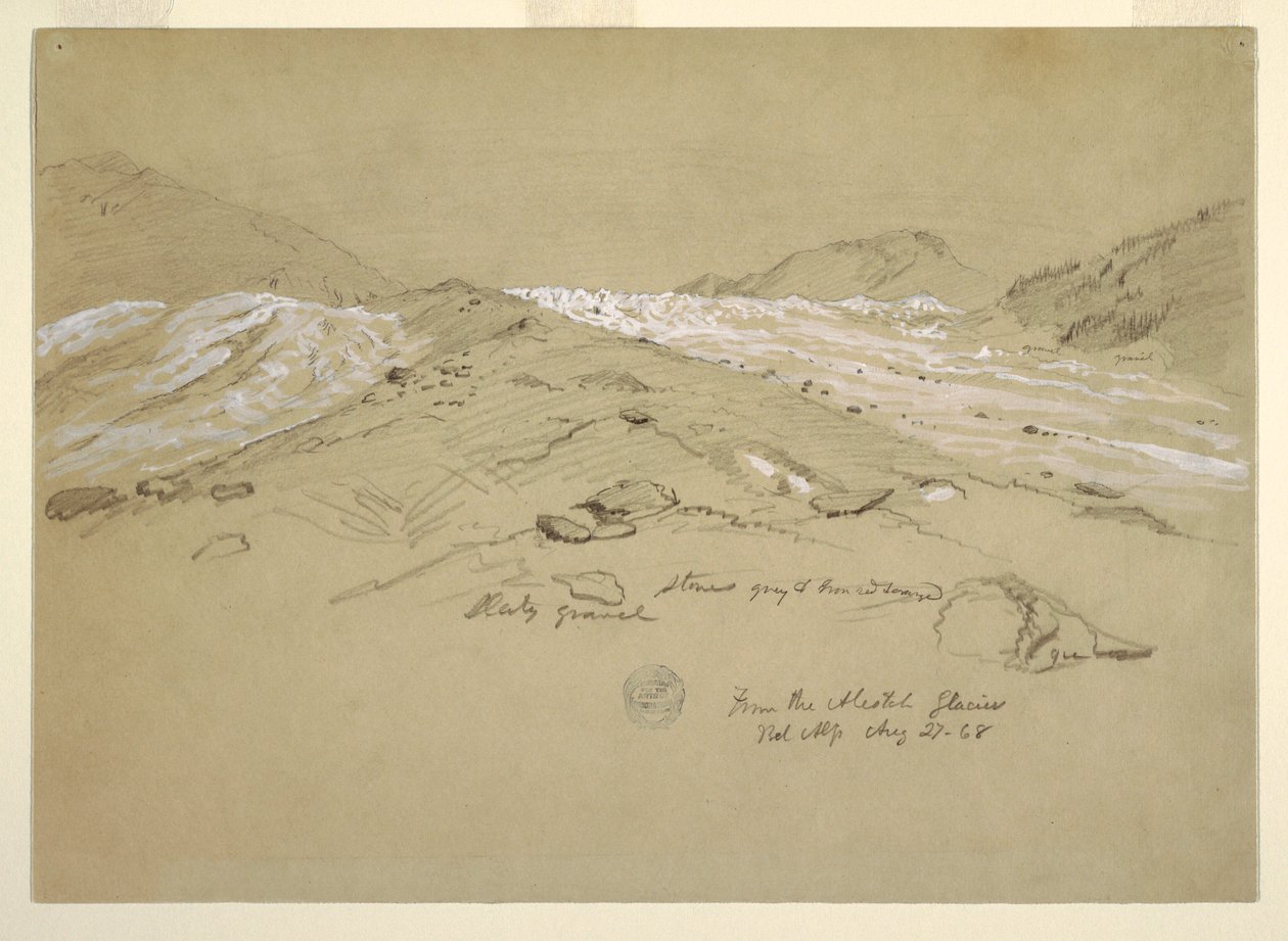 Kresba, Aletschský ledovec, Bernské Alpy, Švýcarsko, 28. srpna 1868 od Frederic Edwin Church