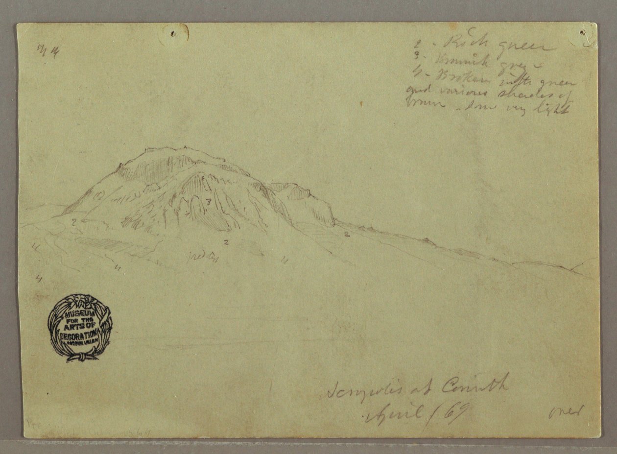 Kresba, Holý vrch, Akropole v Korintu, Řecko, duben 1869 od Frederic Edwin Church
